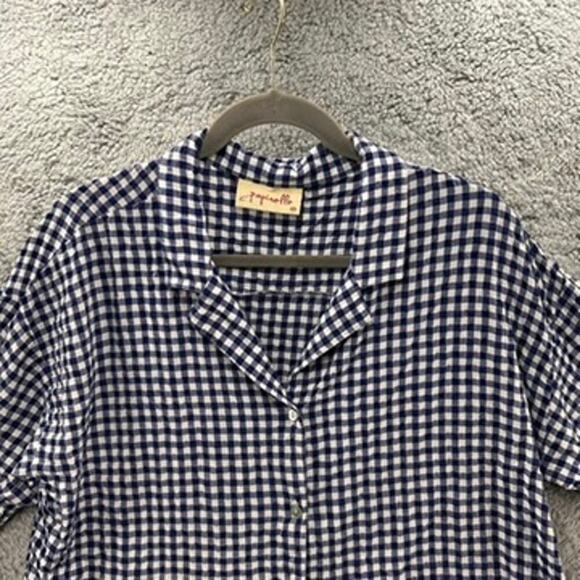 Papinelle Women's Medium Crop Top Button Up Short Sleeves Blue White Checkered - Picture 2 of 9